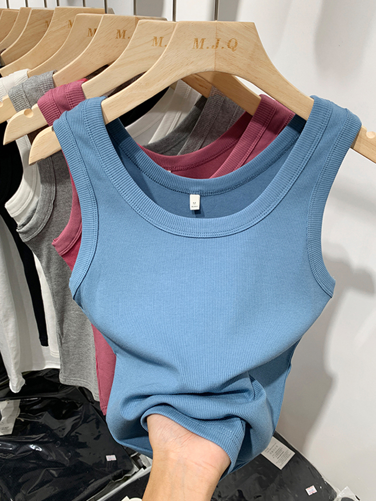 Sommer kvinder ærmeløse tanktoppe crop top o-hals fitness strikket ribbet vest dame ensfarvet camis cropped streetwear