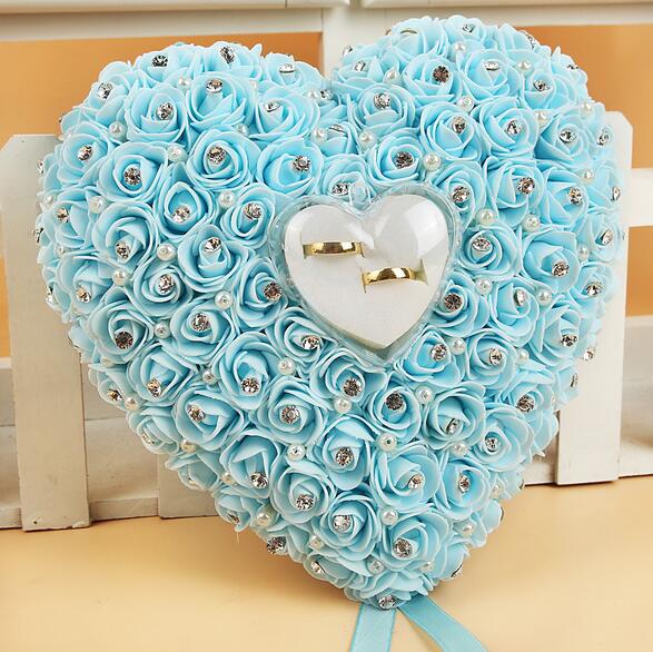 Rose Wedding Ring Kussen met Ring Box Trouwring Houder Toonder Doos Hartvorm Rhinestione Voor Bruiloft Decoratie: light blue