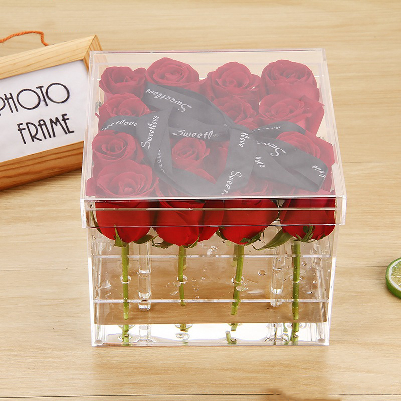 Acrylic Rose Flower Box Makeup Organizer Artificial Flower Bouquet Valentine's Day Wedding Decor Box: 16 Holes Box