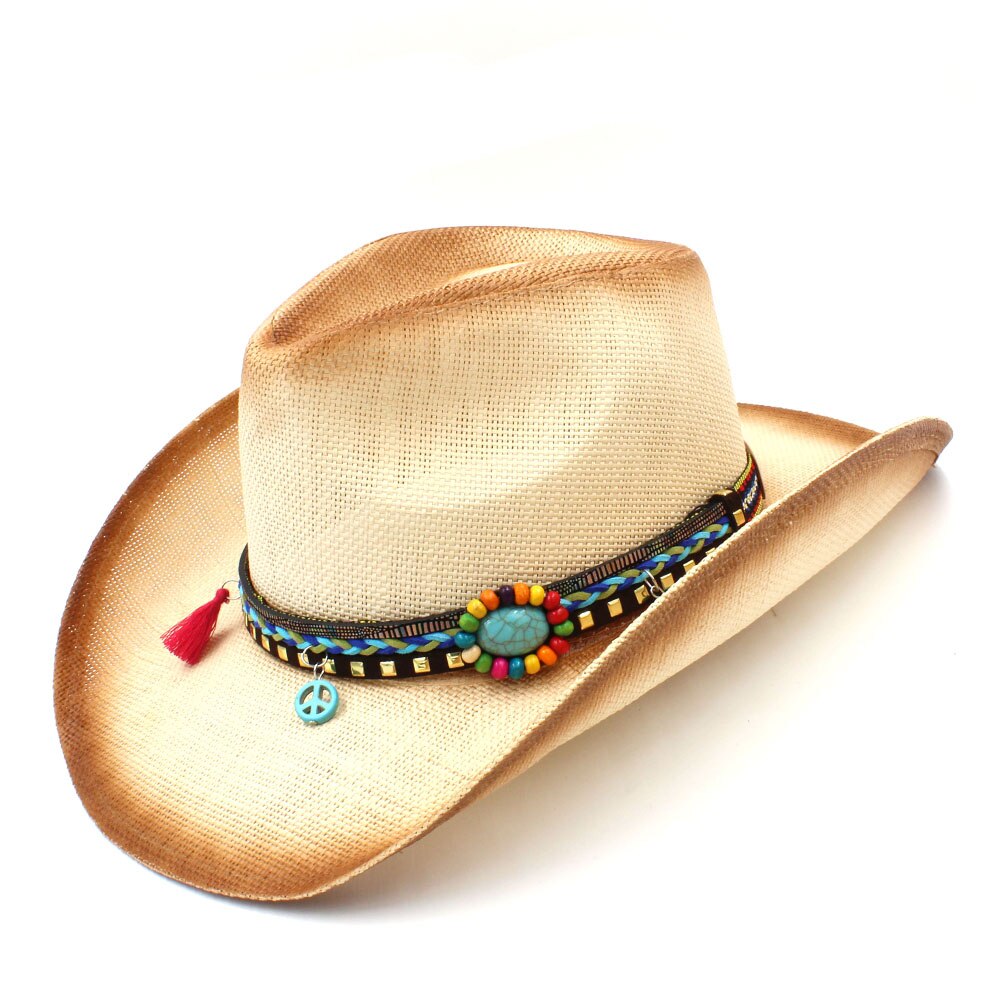 Handgemaakte Weave Stro Vrouwen Western Cowboy Hoed Met Kwastje Band Voor Lady Sombrero Hombre Cowgirl Jazz Caps Grootte 58 cm