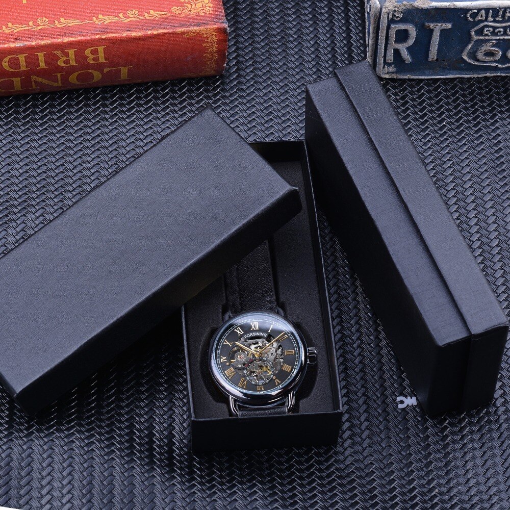 Forsining Zwart Gouden Klok Seconden Handen Onafhankelijke Mechanische Hand Wind Horloges voor Mannen Top Waterbestendig