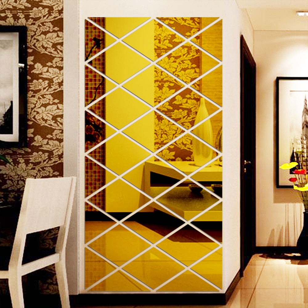3D miroir diamant trois dimensions stickers muraux salon TV toile de fond restaurant entrée décoratif miroir autocollant grand: Or