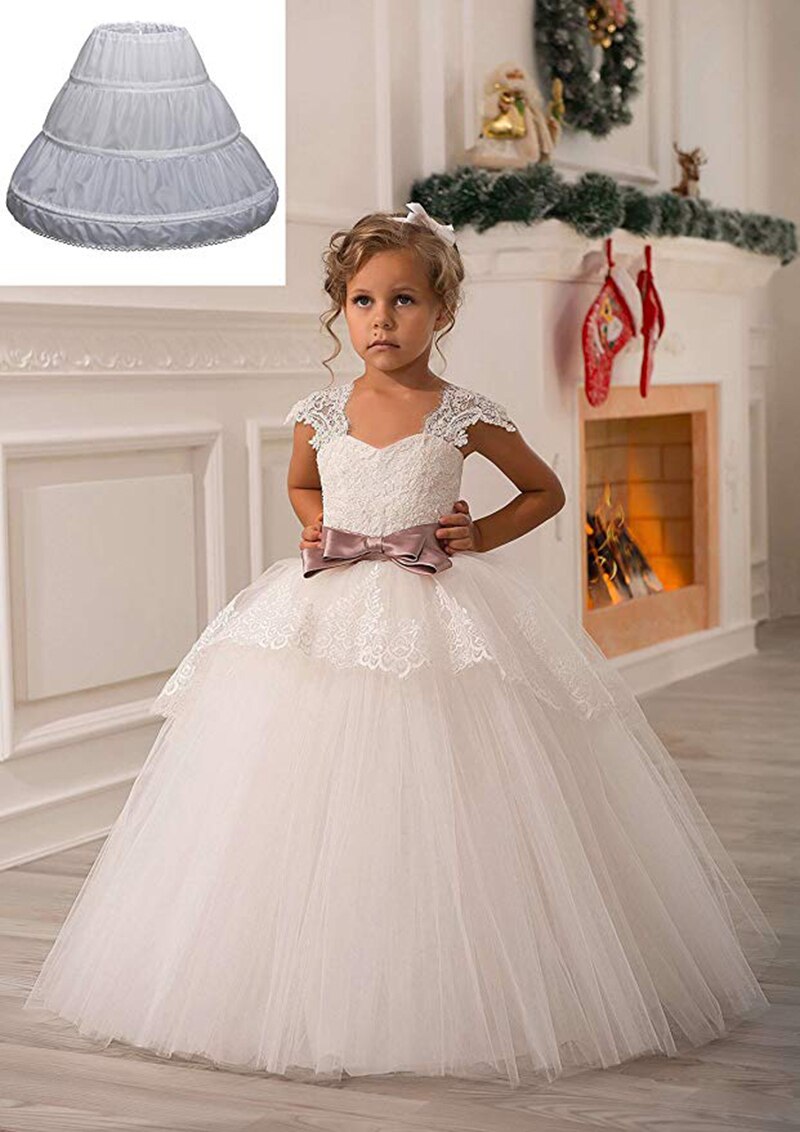 White Children Petticoats 3 Hoops One Layer Kids Crinoline Lace Trim Flower Girl Dress Underskirt Elastic Waist Full Slip PEC006
