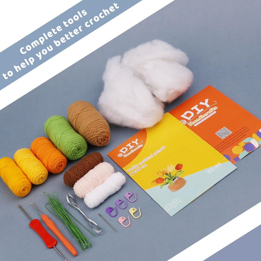 Paquete de material de ganchillo en maceta con forma de tulipán con gancho de ganchillo de hilo y relleno para principiantes y amantes de la artesanía