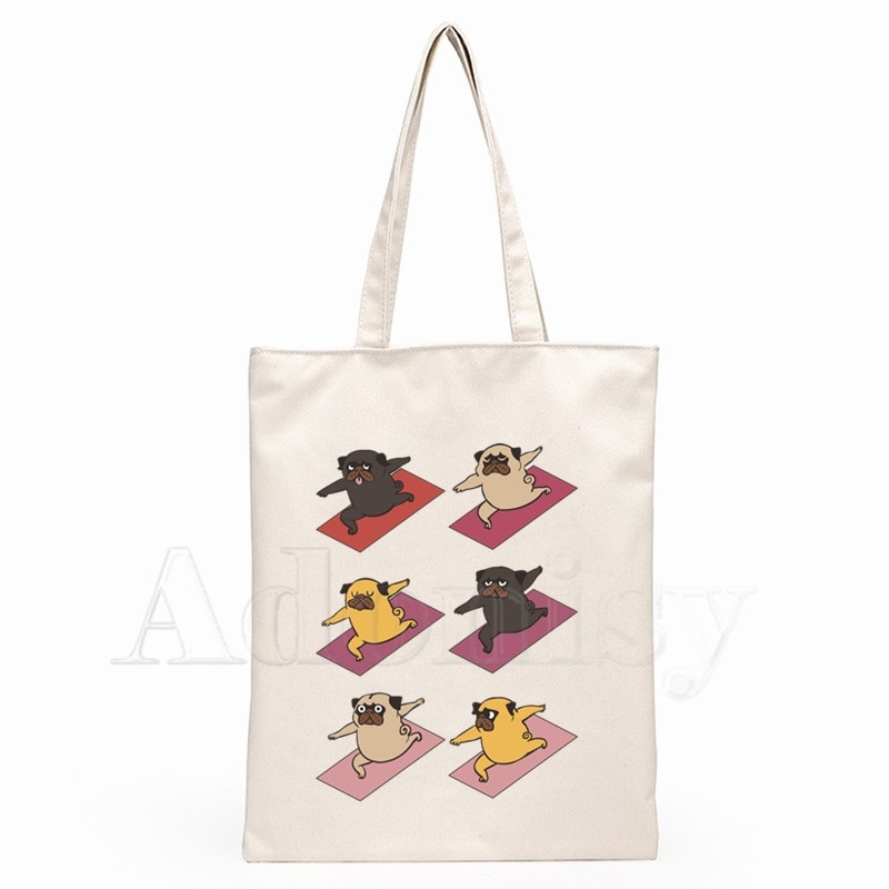 Yoga Pug Hond Dames Handtassen Doek Canvas Draagtas Winkelen Reizen Vrouwen Eco Herbruikbare Schoudertassen Bolsas De Tela