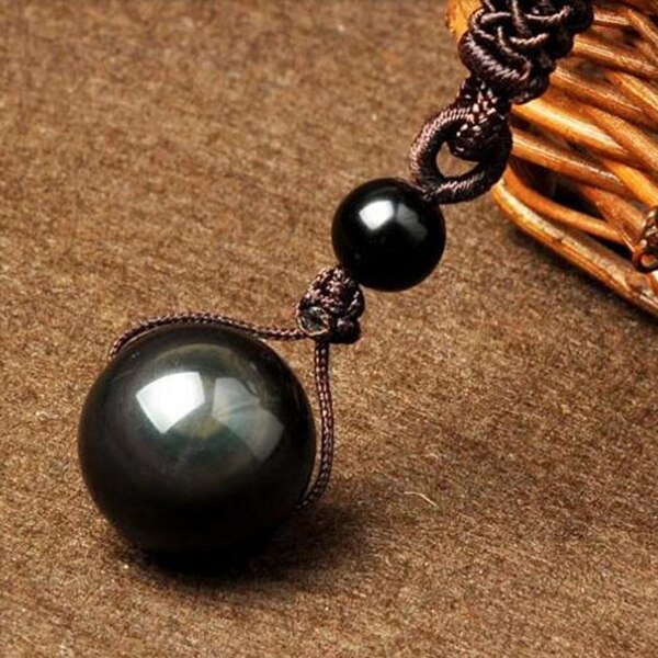 Black Obsidian Rainbow Eye Ball Necklace Transfer Lucky Love Natural Stone Buddhism Pendant Necklaces for Women Men 4 Sizes: brown chain bead14mm