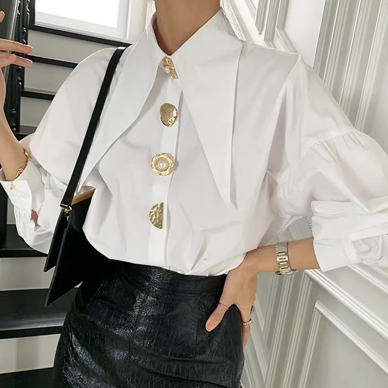 Weiße Elegante Perle Frauen Hemden Koreanische Scharf Ecke Kragen verlieren Lange Hülse Damen Bluse Y2k Neue schick Weibliche Spitzen