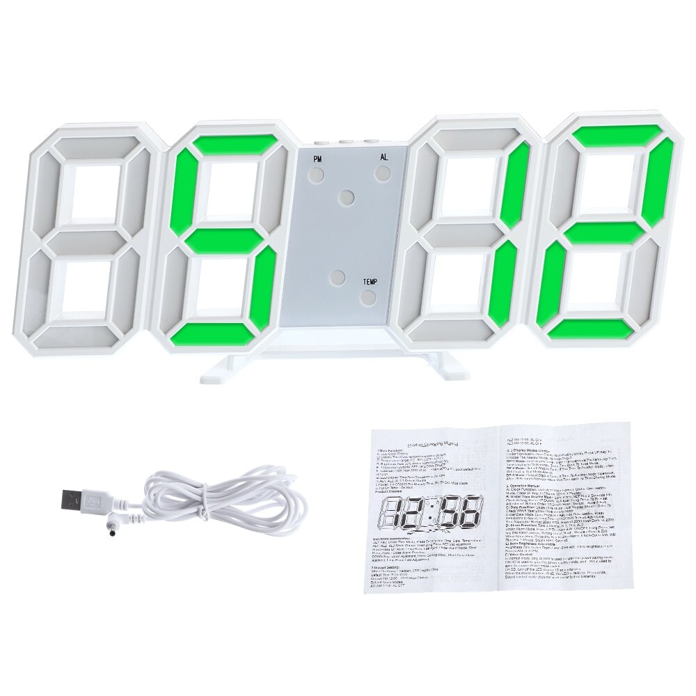 3D LED Digitale Wanduhr Datum Zeit Celsius Nachtlicht Anzeige Tabelle Schreibtisch Uhren Wecker Wohnzimmer 3d Clever Alarm uhr: Weiß (Grün Wort)
