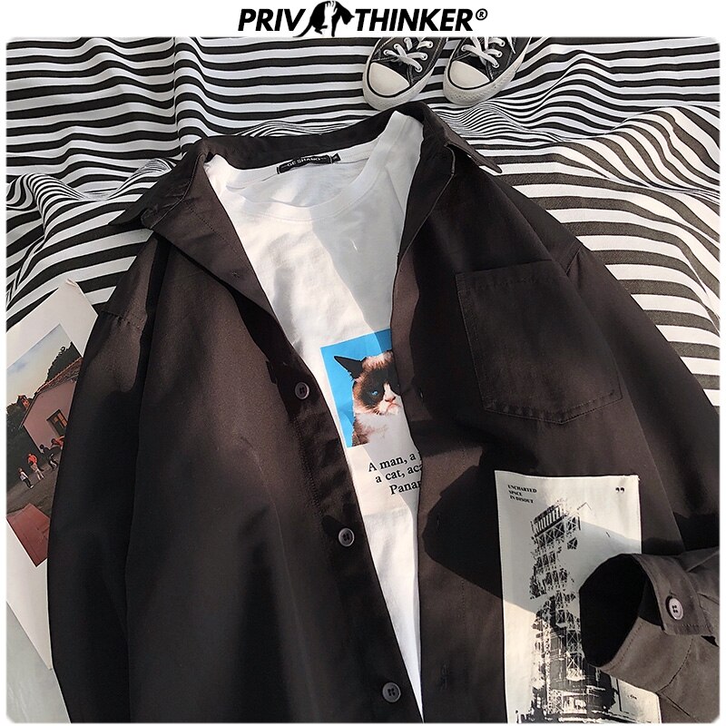Privathinker herre forår unisex print skjorter herre sort langærmet bluse streetwear løse herreskjorter oversize