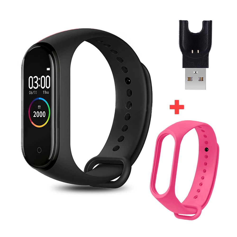 M4 Smart Bracelet with Extra Strap Smart Band Color Screen Sport Fitness Pedometer Blood Pressure Smart Wristband Step Counter: black pink