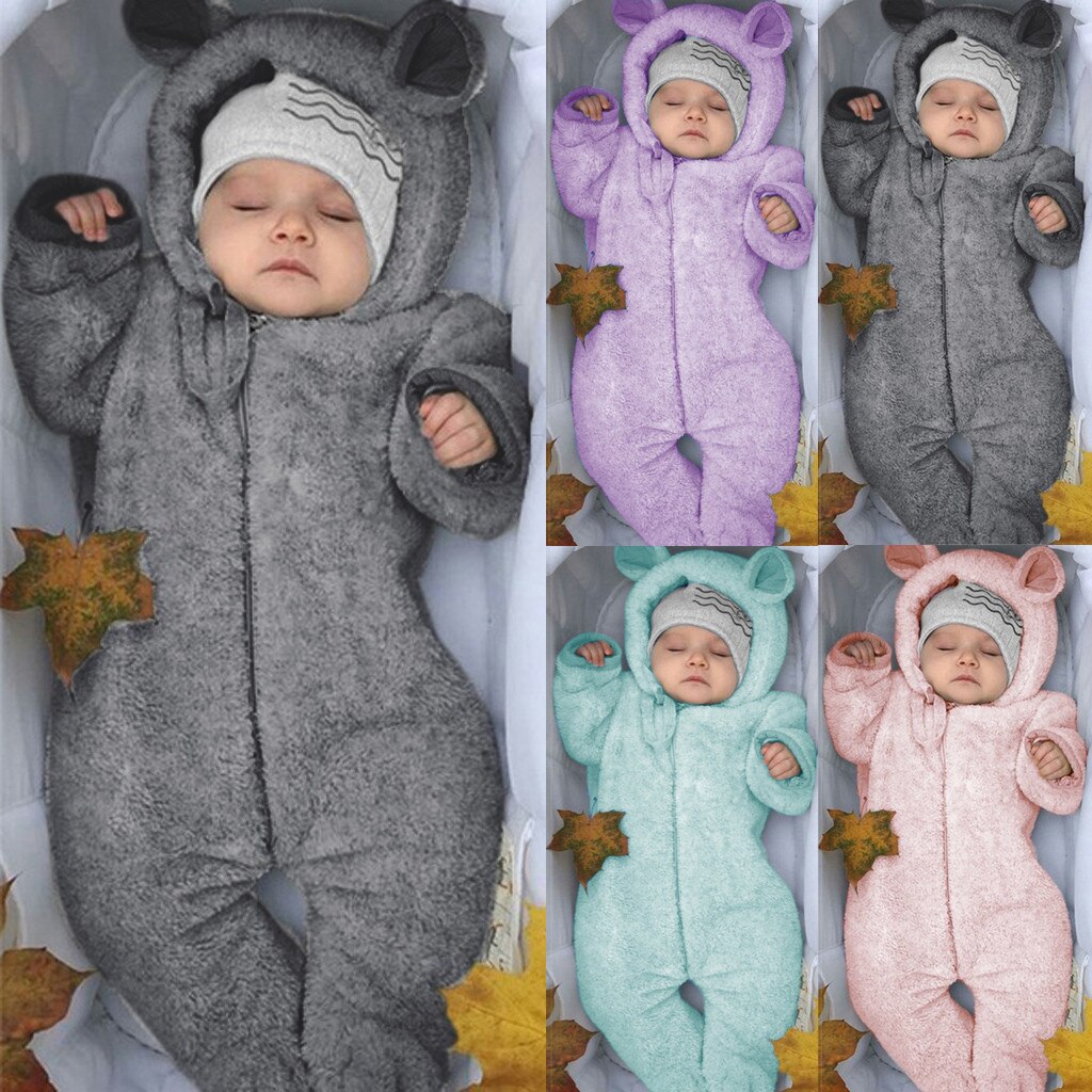-né Bébé Garçon Hiver Polaire Jumpsuit Solide Barboteuse À Capuche Manteau Vêtement D'extérieur