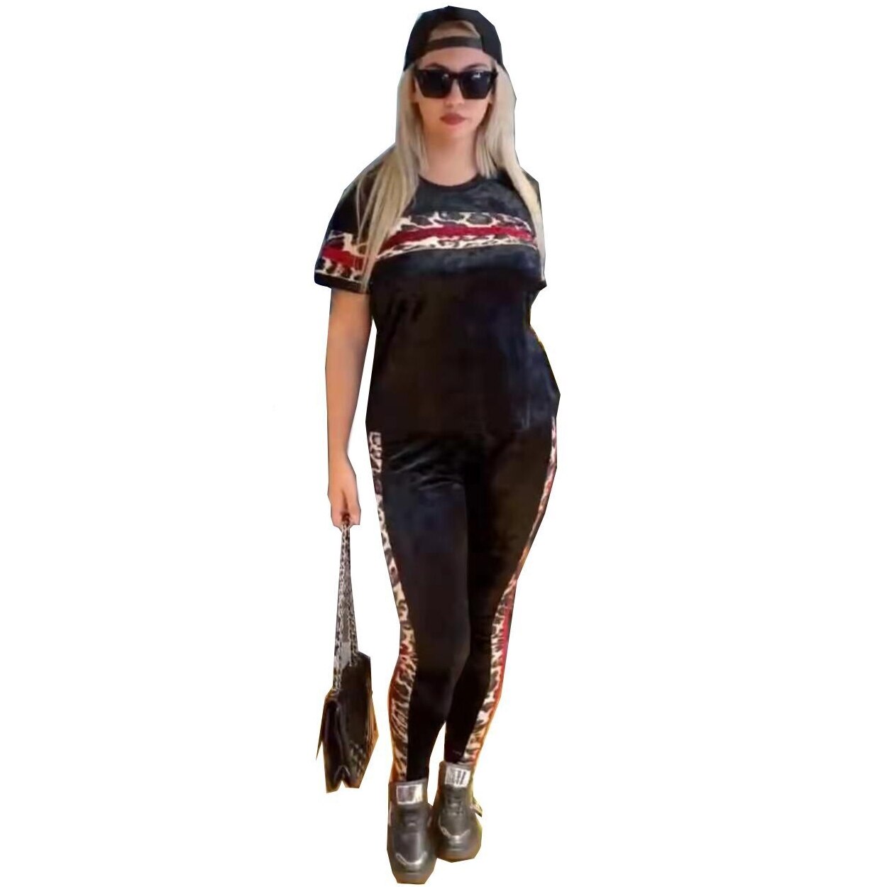 Dashiki African Spring Summer Velvet Two Piece Sets Women Tops And Pants Matching Set Leopard Print Tracksuit Women Sets: Black / XXXL