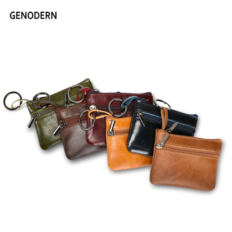 GENODERN-monedero pequeño de cuero genuino para hombre y mujer, Mini cartera con anilla para llave, tarjetero