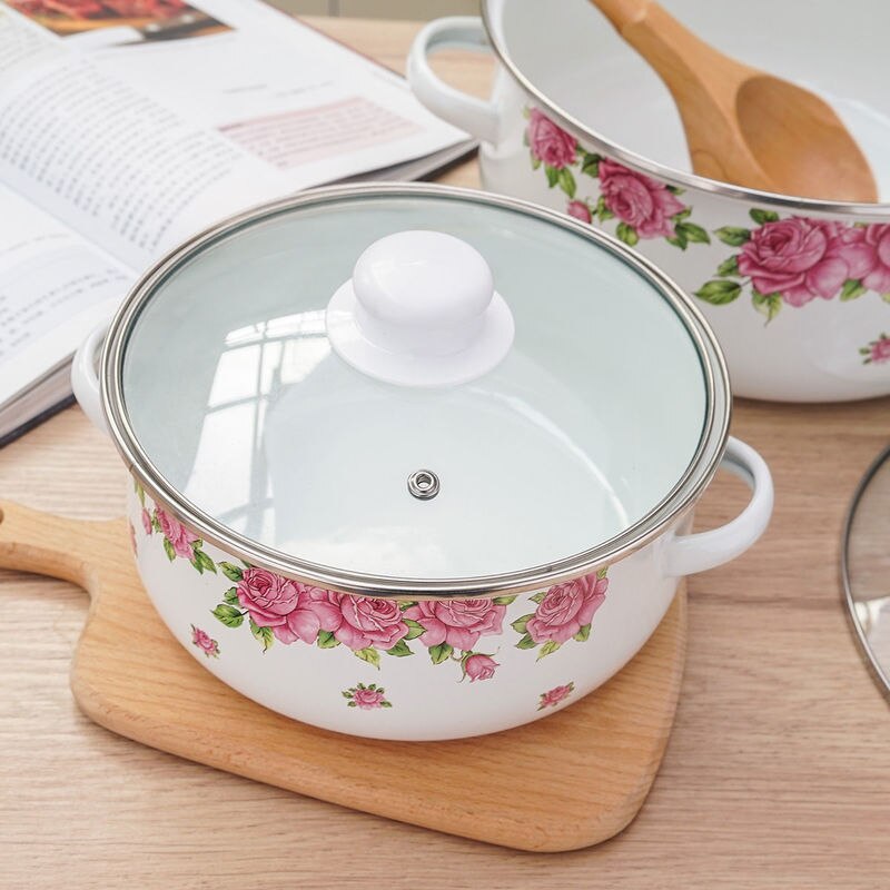 Enamel Soup Pot Flat Cooker 2-5L Thick Pot with Lid Cooking Pot Cookware Induction Pot Pot of Soup Kitchen Pots and Pans