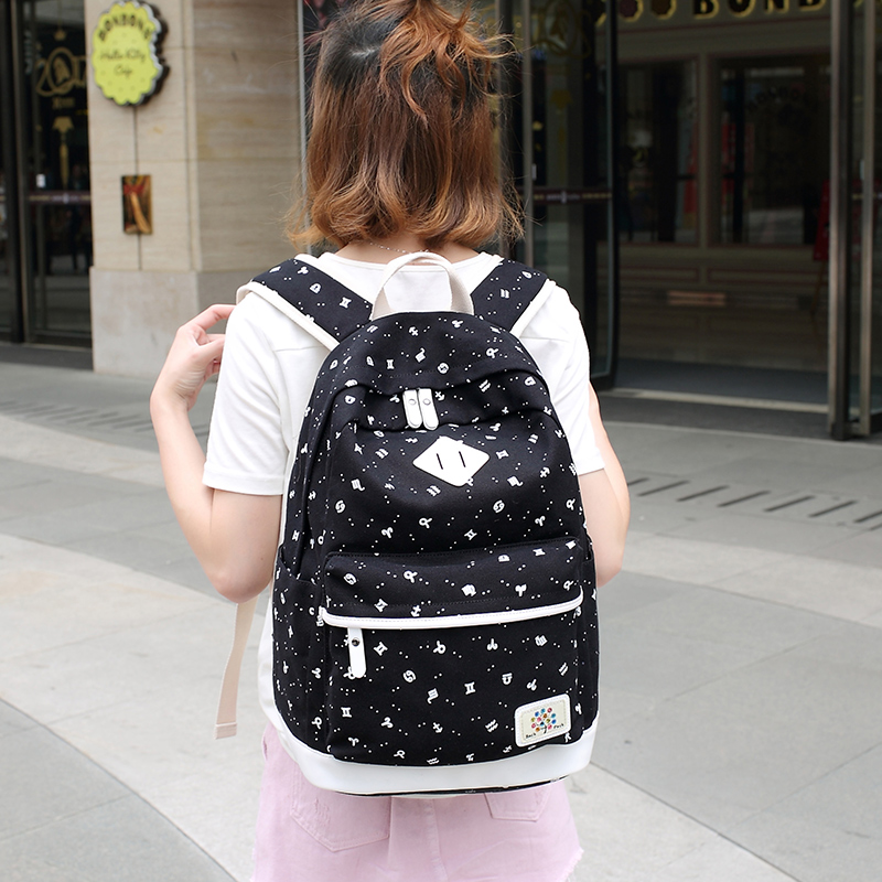 FengDong schwarz leinwand druck kinder rucksack schule taschen für mädchen reise laptop rucksack kinder computer tasche mädchen bookbag