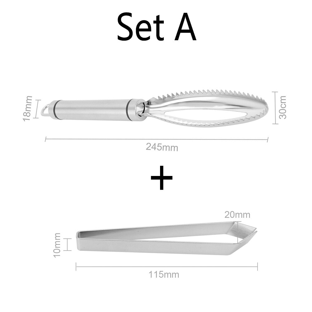 Fish Scale Scraper Stainless Steel Scale Planing Fish Bone Removal Forceps Hand-held Scraping Fish Processor Kitchen Accessories: 2PCS SET A