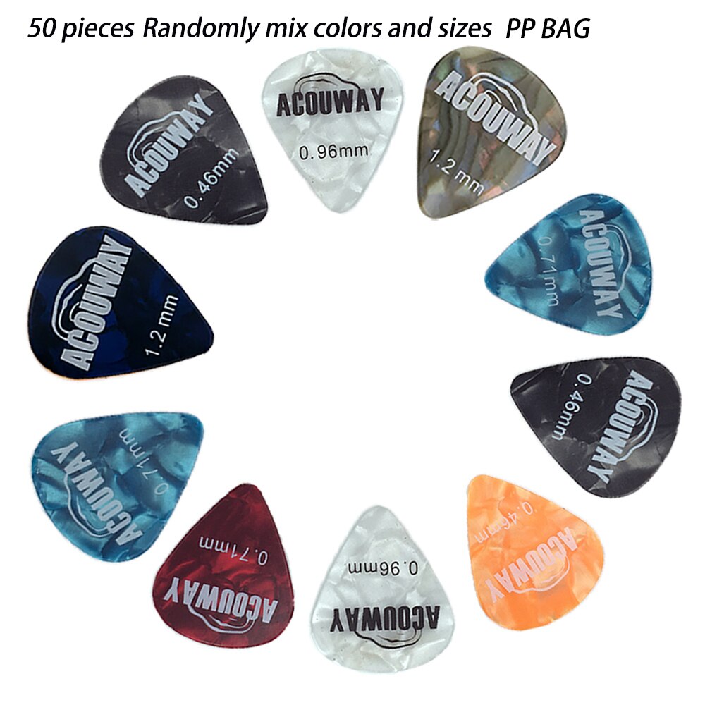 50 piezas de púas de guitarra de celuloide mediador de espesor 0,46/0,71/0,96/1,2 MM púa de bajo eléctrico accesorios de guitarra: Transparente