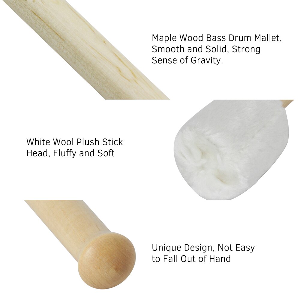 Marching Bass Drum Mallet Drumsticks Single Stick Beater with Wool Head and Maple Wood Pole Percussion Instrument Accessories