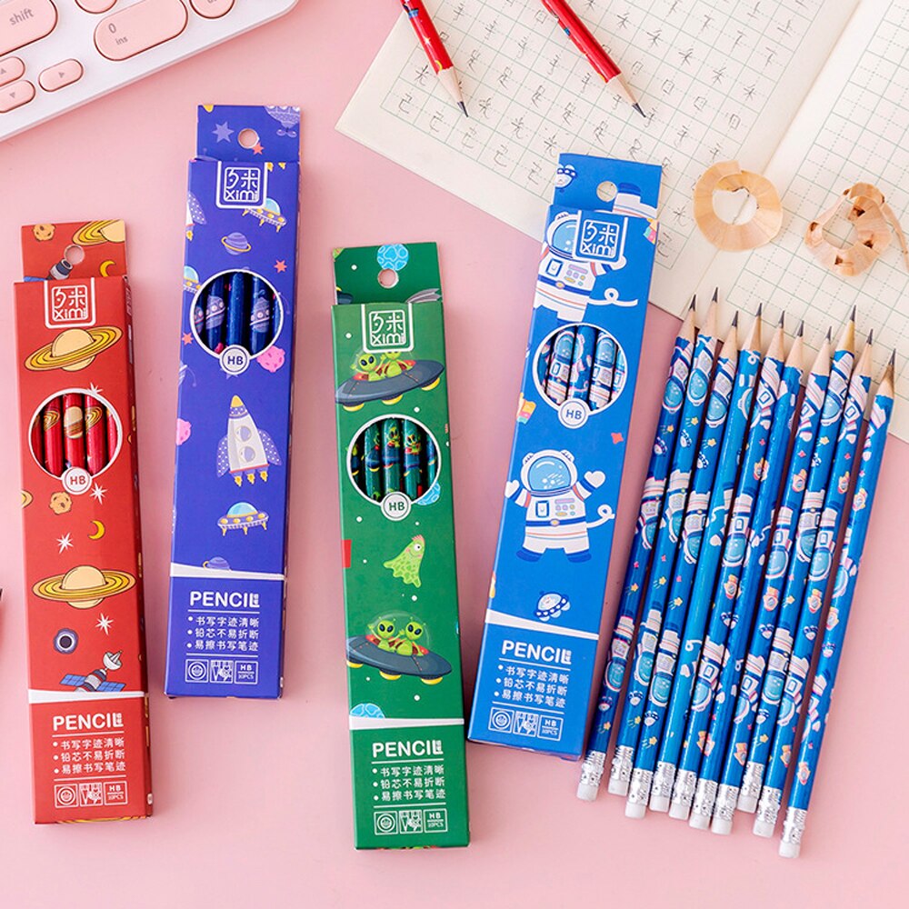 10Pcs/lot Cartoon Boxed Pencils Student Writing Drawing Sketch Pen Set Wooden HB With Eraser Pencil Stationery School Supplies
