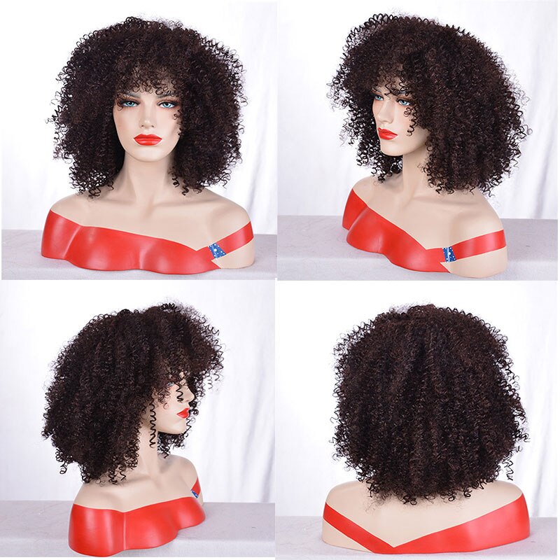 MSIWIGS Brown Synthetic Kinkly Curly Wigs for Women Black Short Afro Wig with Bangs Heat Resistant