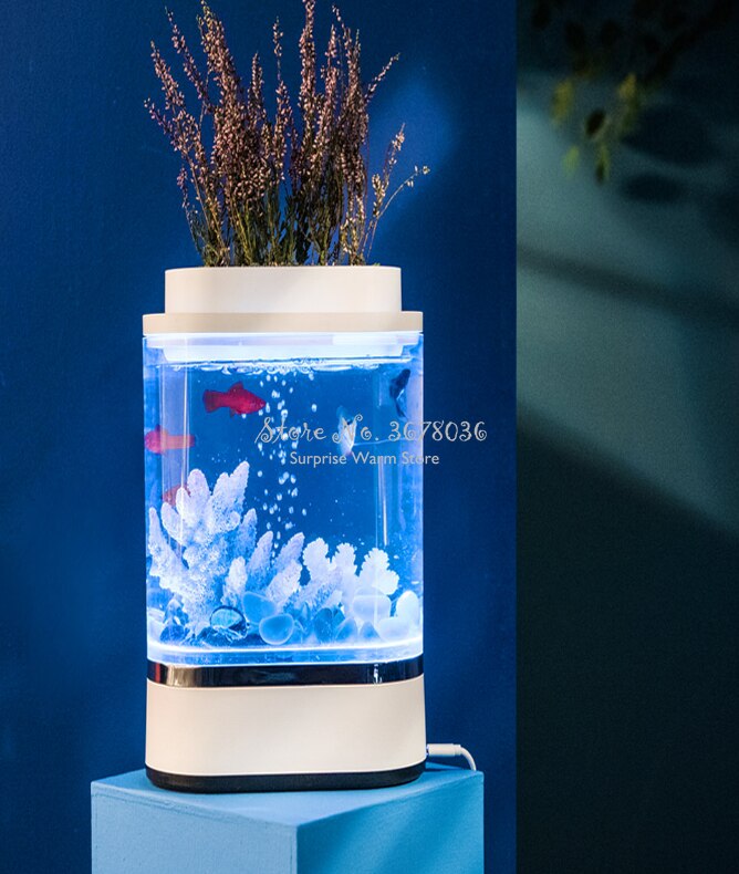 Acuario pequeño de acrílico para oficina, cuenco pequeño con 7 colores de decoloración, inteligente, táctil, poco ruido, barato