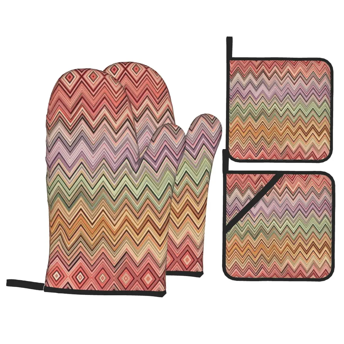 ZigZag Oven Mitts and Pot Holders 4pcs Set for Baking Cooking Non-Slip Heat Resistant Geometric BBQ Kitchen Gloves Potholders: Gold