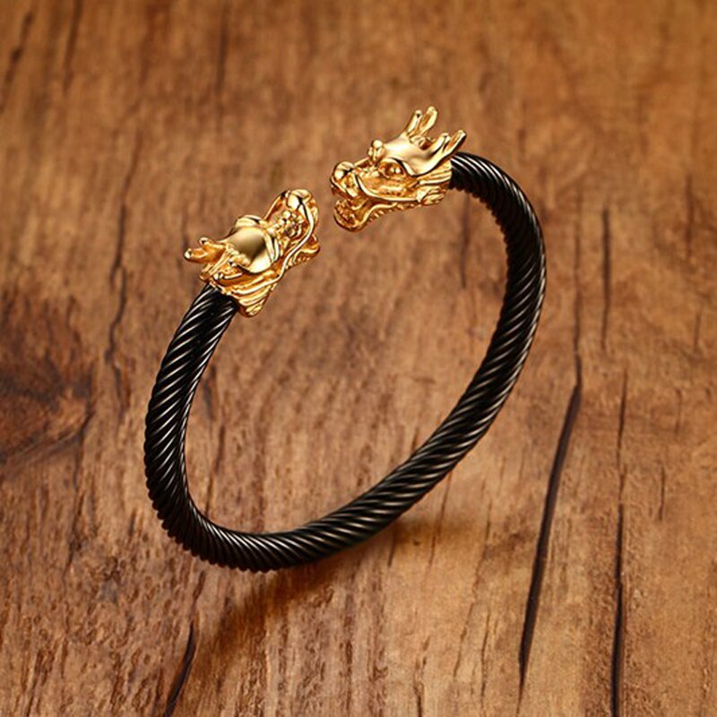 Einzigartige Elastische Einstellbare Gold-Tonne Drachen Kopf Manschette Armreif in Schwarz Edelstahl verdrehte Kabel Armbinde für Männer Schmuck