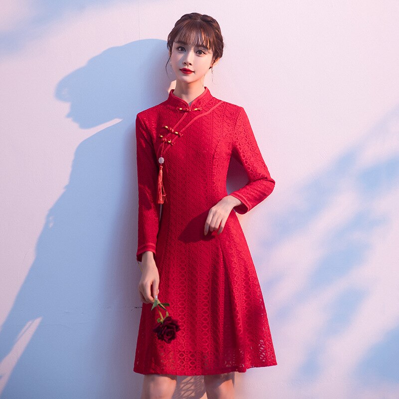1 Stks/partij Chinese Stijl Vrouw Kanten Jurk Rood Roze Jurk Cheongsam Nieuwjaar Kerst Jurken Vrouwen Lange Mouwen Qipao