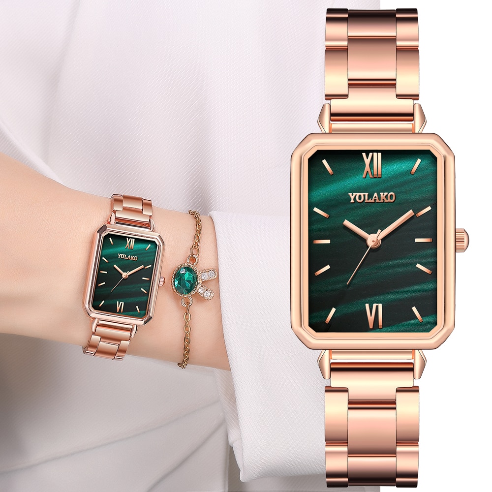 Klasyczna marka zegarek damski ze stali nierdzewnej prostokąt zielone modne zegarki damskie różowo-złoty kwarc bransoletka robić zegarka na rękę