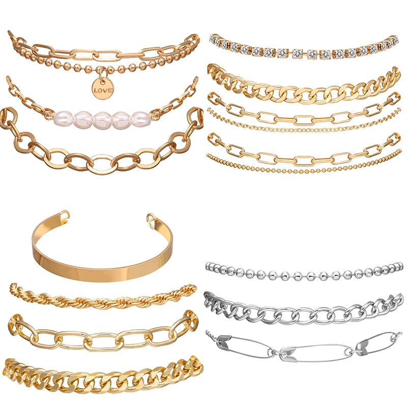 17Km Barokke Parel Dikke Ketting Armbanden Set Voor Vrouwen Punk Goud Zilver Kleur Crystal Armbanden Armband Sieraden