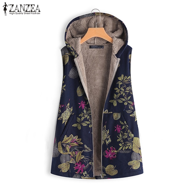 Winter Vintage Bloemen Gedrukt Jas Jassen ZANZEA Herfst Rits Uitloper Vrouwen Capuchon Katoenen Faux Pluizige Warme Jassen Oversize