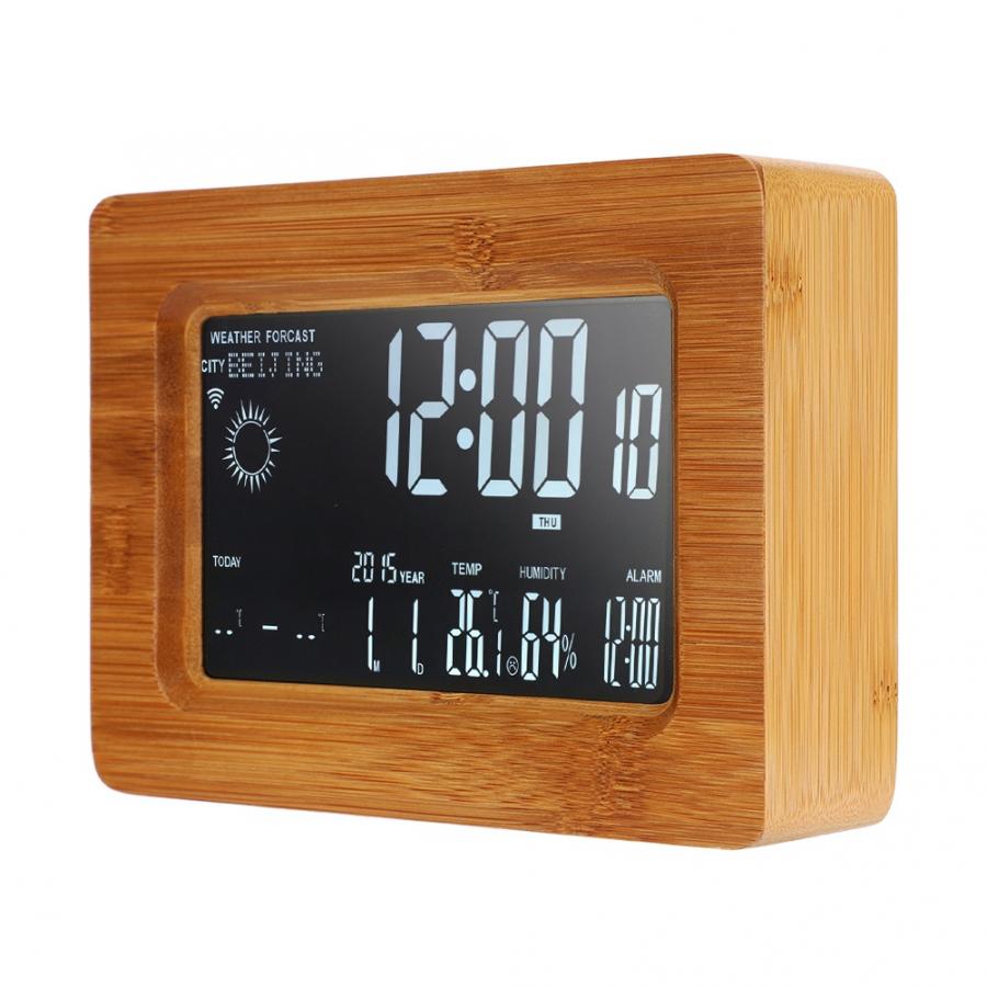 DC 5V Wooden Multi-function WIFI LCD Weather Temperature Humidity Clock 100-240V US Plug Weather Clock