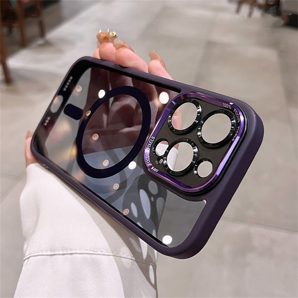 Luxury For Magsafe Magnetic Wireless Charger Case For iPhone 16 15 14 13 12 Pro Max Lens Protection Transparent Shockproof Cover: Plastic / Blue