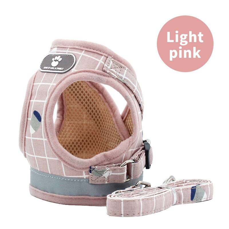 Dog Harness with Leash Adjustable Vest Walking Supplies Soft Breathable Plaid Collar Pet Accessories for Small Medidum Large Dog: Pink / M