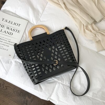 DIGERUI femmes sacs sacs à main évider plage sac Bolsa Feminina bois poignée fourre-tout sac à bandoulière en cuir synthétique polyuréthane sacs à main: Black
