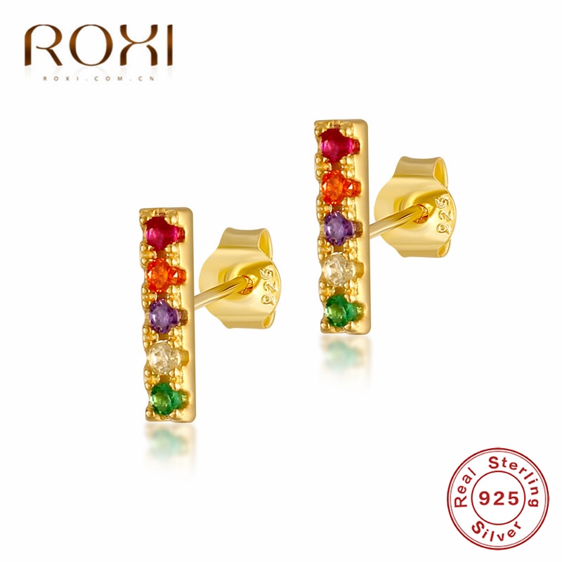 ROXI Minimalist 925 Sterling Silver Bar Stud Earrings Gold Multicolor CZ Rainbow Crystal Earrings for Women Jewelry