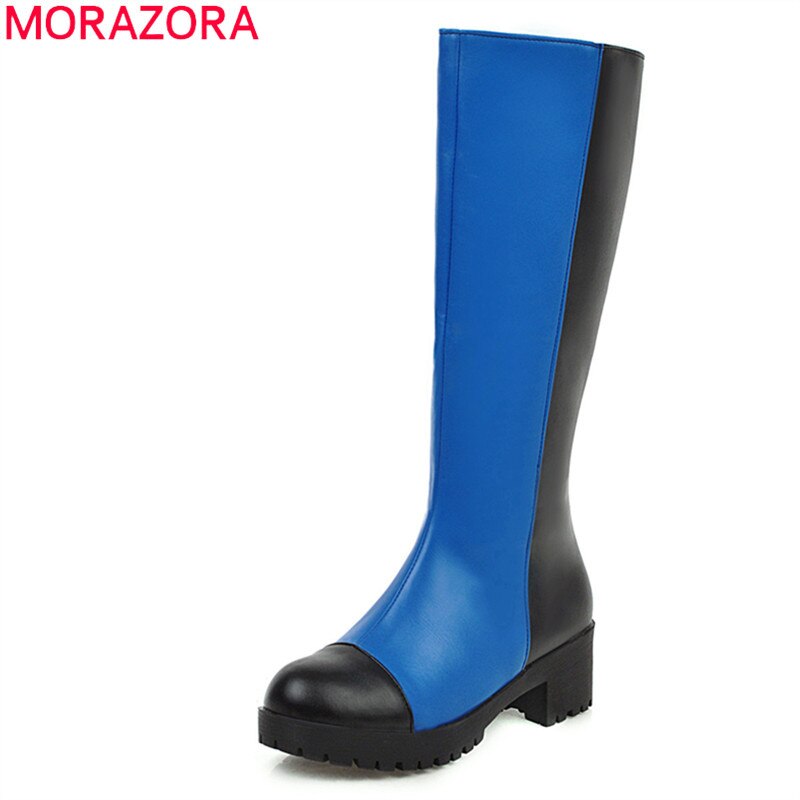 MORAZORA offre spéciale pu cuir genou bottes hautes simple med talons bout rond hiver garder au dames chaussures femmes bottes