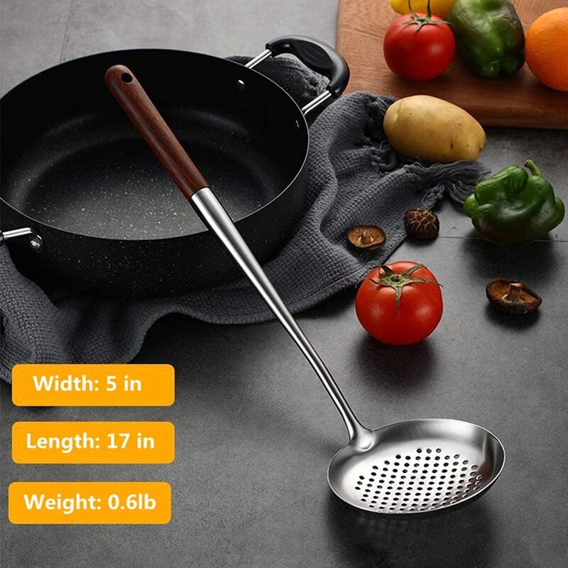 Wok Spatula and Ladle,Skimmer Ladle Tool Set, 17Inches Spatula for Wok, 304 Stainless Steel Wok Spatula