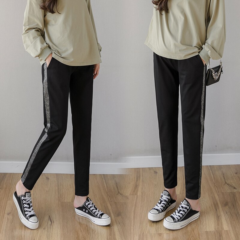 809#  efterårs sorte graviditetsbukser højtaljede mavebukser tøj til gravide kvinder 3xl plus size graviditets fritidsbukser: Sort med sølv / L