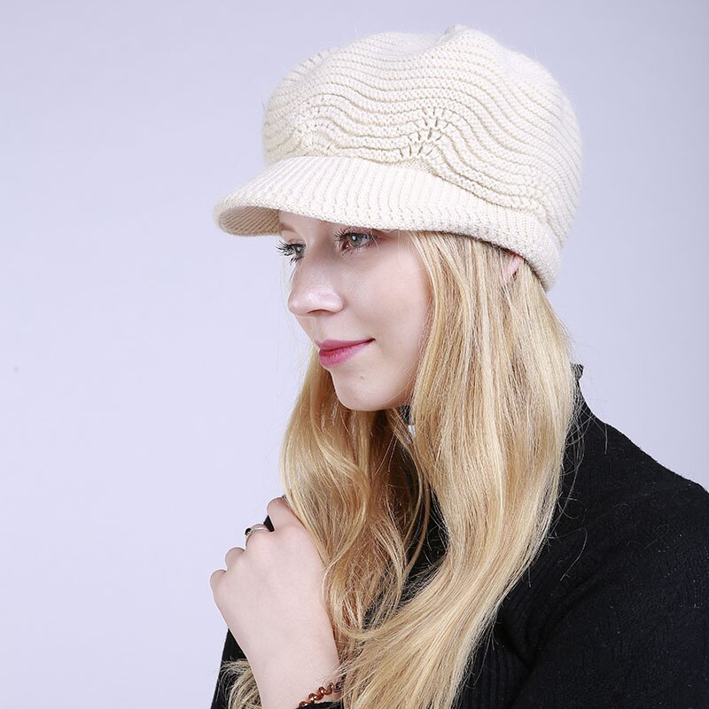 Dame plys indvendig flad skygge strikket hue efterår vinter ensfarvet blød visir hue ski cap hun strikket hue hue: Beige