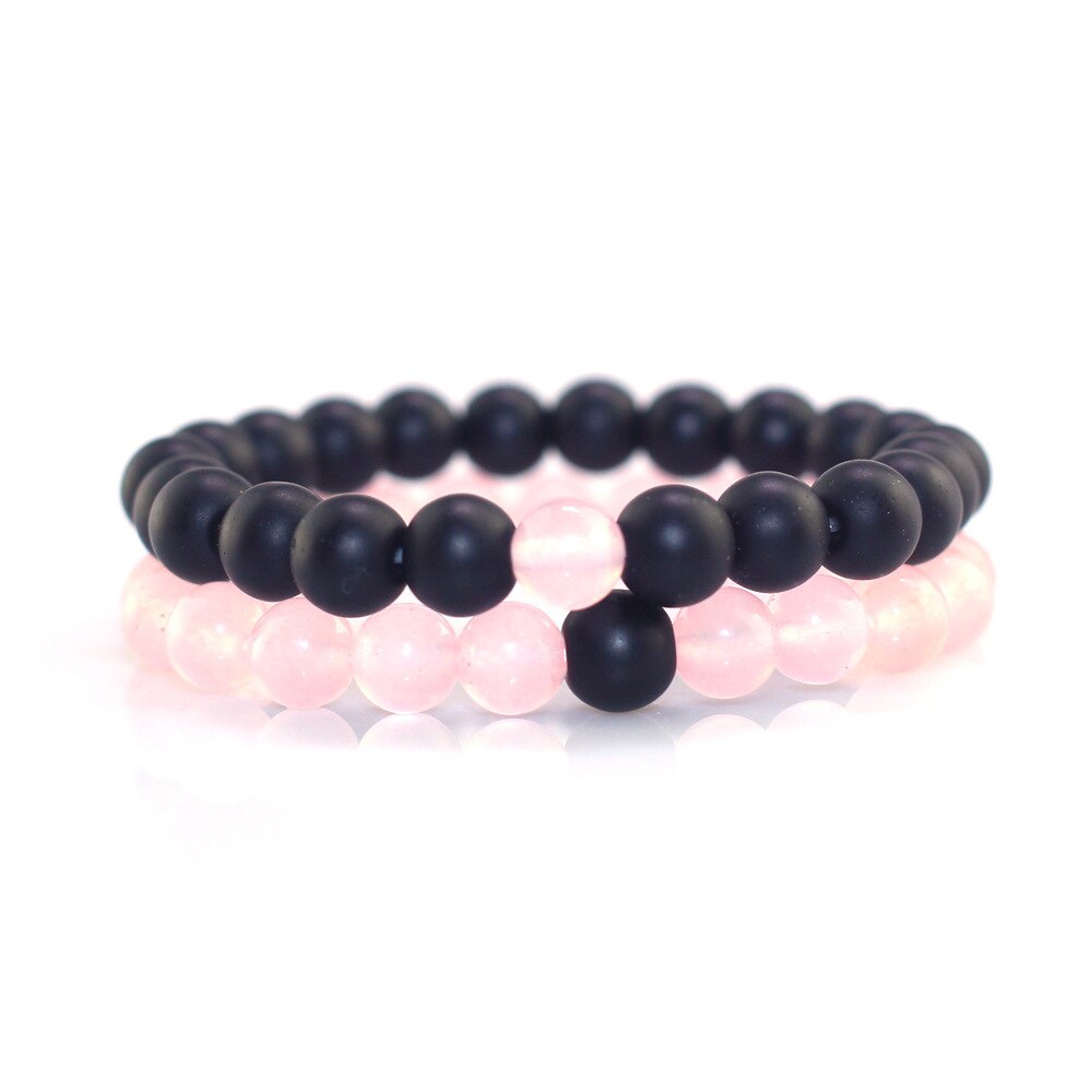 8MM Couples Distance Bracelet Classic Natural Stone Pink and Black Beaded Bracelet for Men Women Best Friend Christmas: 01