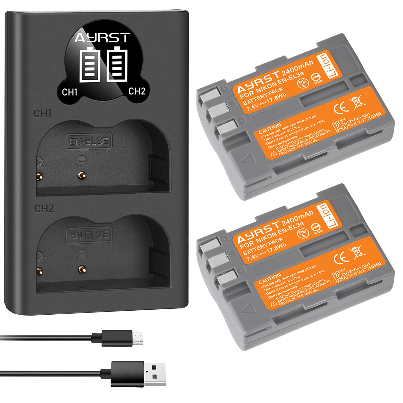 2Pcs 2400mAh EN-EL3e EN EL3e ENEL3e EL3E Batteries and Charger For Nikon D30 D50 D70 D70S D90 D80 D100 D200 D300 D300S Battery