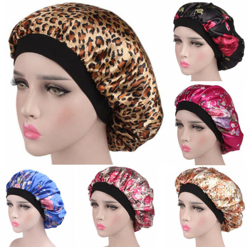 1pc kvinder satin nattesøvn kasket blomstret leopard print nathue hår hue hat silke hovedbetræk bred elastisk fest cosplay hatte