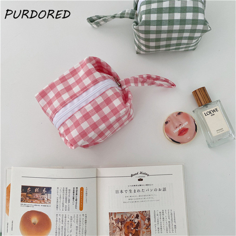 PURDORED 1 Pc mini krata kosmetyczka kobiety śliczna mała kosmetyczka kobieta dziewczyna podróż kosmetyczka szminka torba Pochette