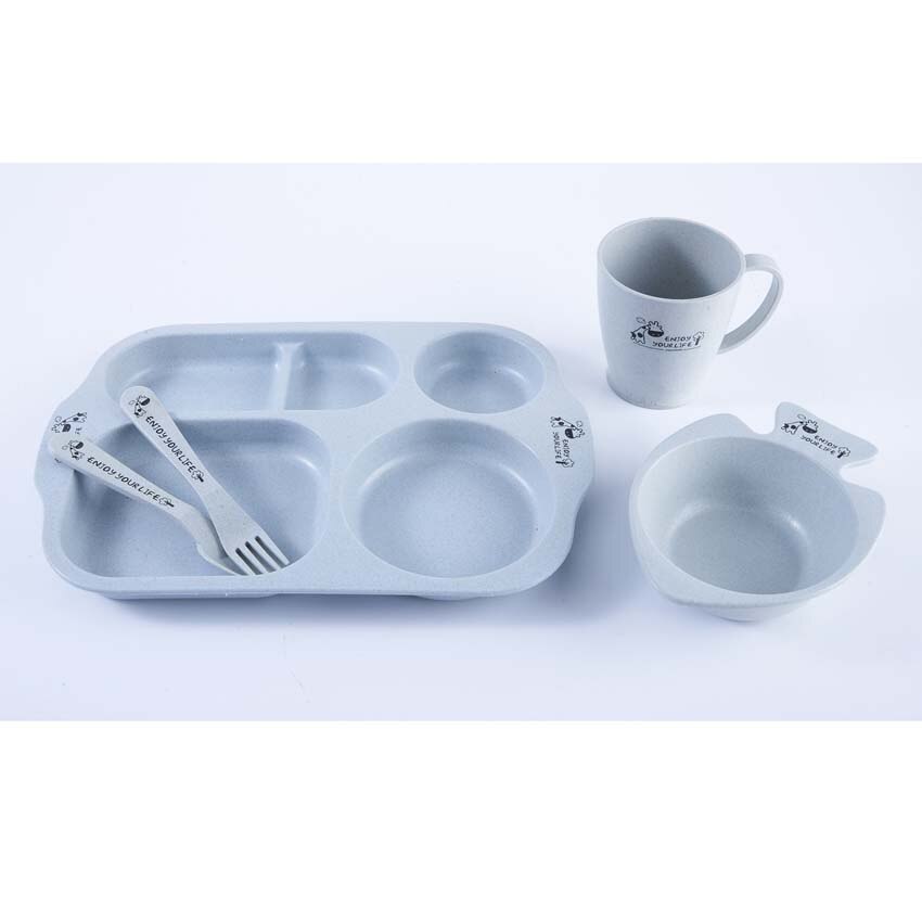 5Pcs Child Tableware Wheat Straw Sange Snack Tray with Spoon Fork Cup Skid Platter Tableware Baby Eating Supplies Beautiful Tray: Blue Square Set