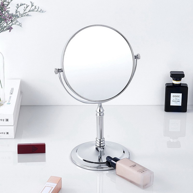 Chrome Make-Up Spiegel Dubbelzijdige Ronde Vorm Roterende Cosmetische Spiegel Stand Vergrootglas Spiegel Staande Spiegel