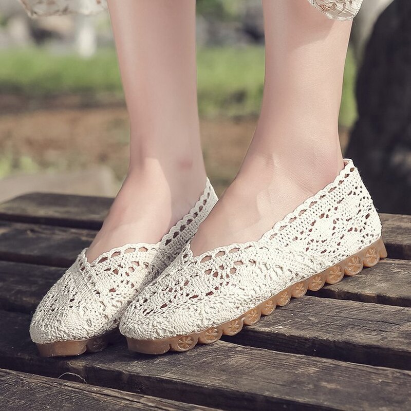Zapatos de mujer, verano , tela con huecos de encaje, zapatos de guisantes, zapatos planos informales para mujer, mocasines de tela tejida a mano de fondo suave transpirable