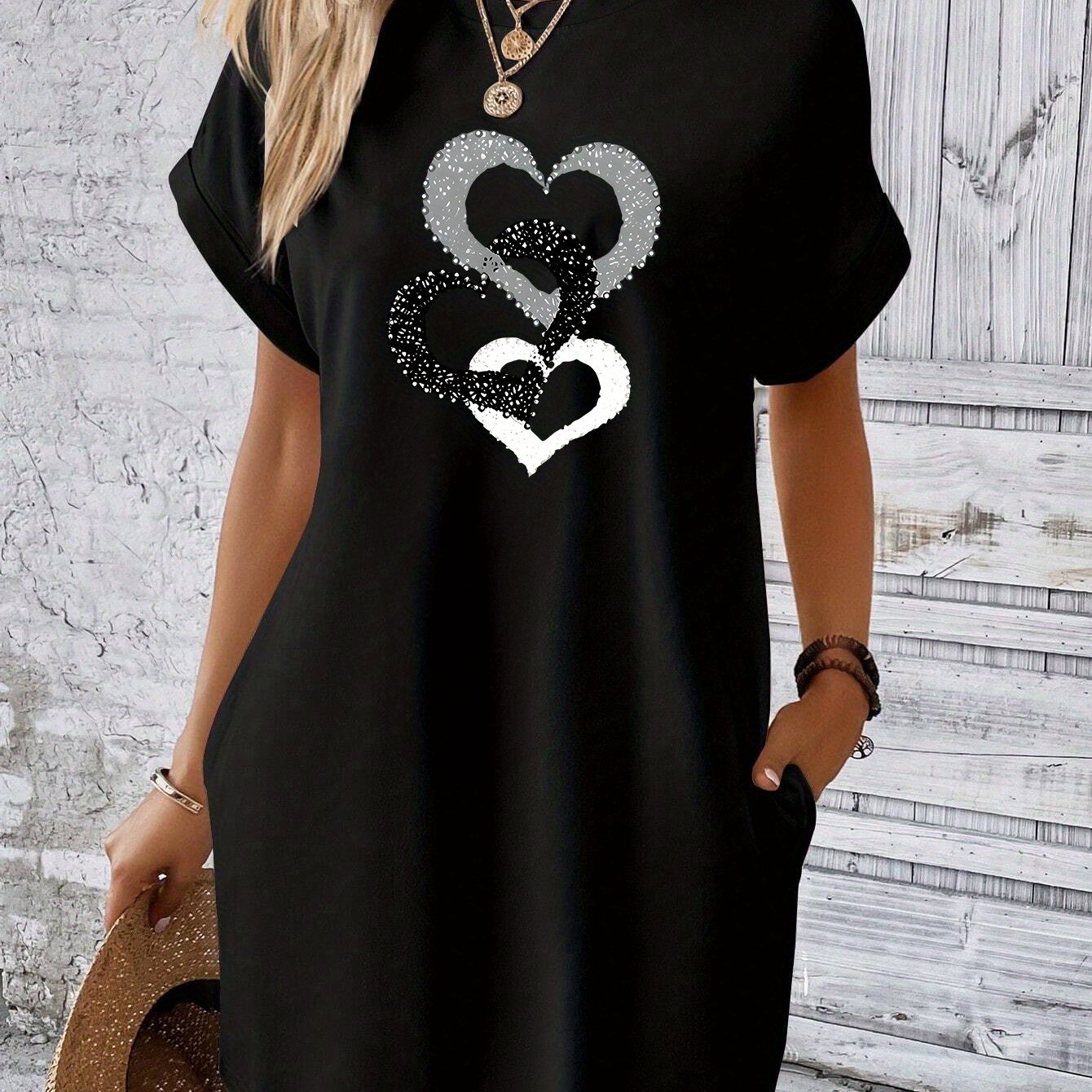 Vestido con bolsillo estampado en forma de corazón para mujer, ropa informal de manga corta con cuello redondo para primavera y verano