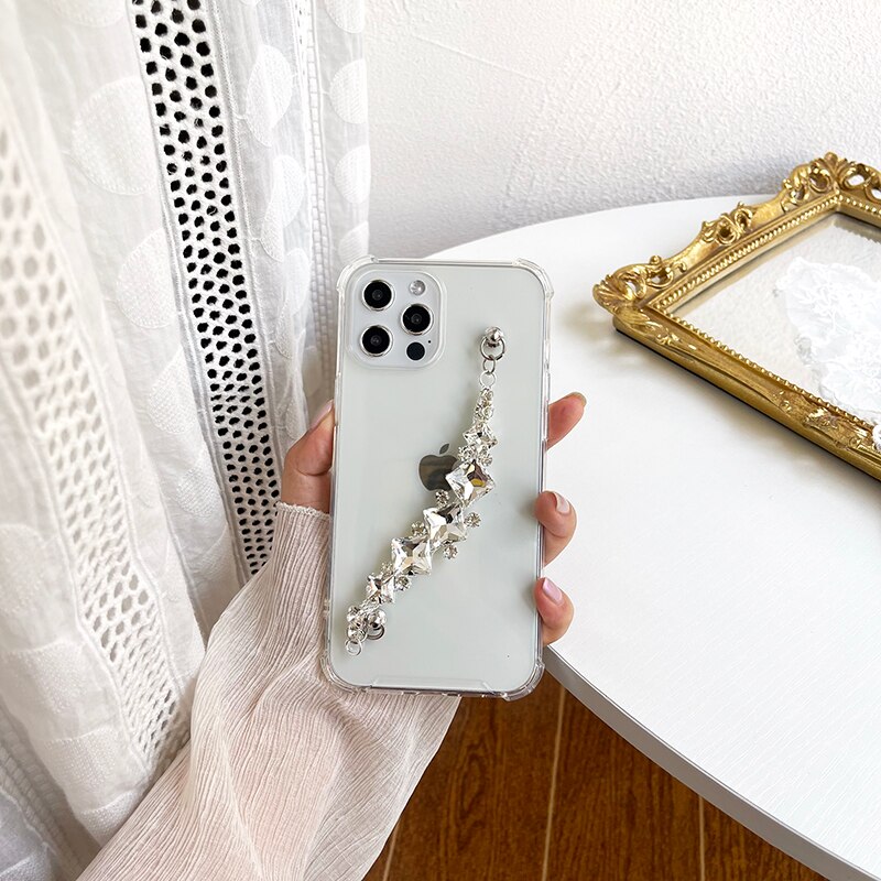 Qianliyao Strass Ketting Telefoon Case Voor Iphone 12 Mini 11 Pro Max 7 8 Plus X Xr Xs Se gevallen Armband Clear Bescherm Cover
