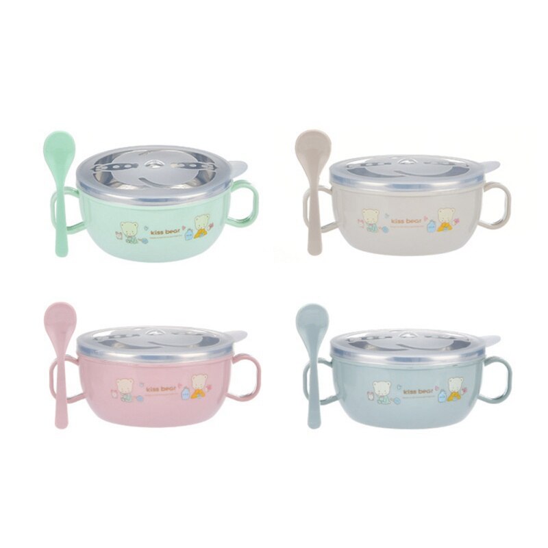 Baby Kom Roestvrij Staal Isolatie Kom Lepel Set Kinderen Servies Cartoon Gedrukt Kinderen Voedsel Bowl2